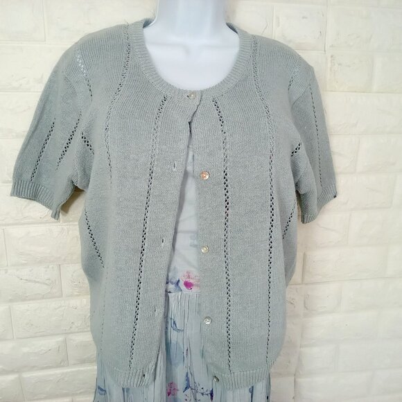 Vintage 90s 2-pc Set Floral Tank Dress & Cardigan Sweater Knit Linen Cotton M/L - Picture 2 of 15